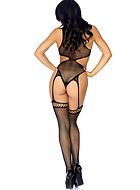 Revealing bodystocking, small fishnet, lacing, built-in stockings